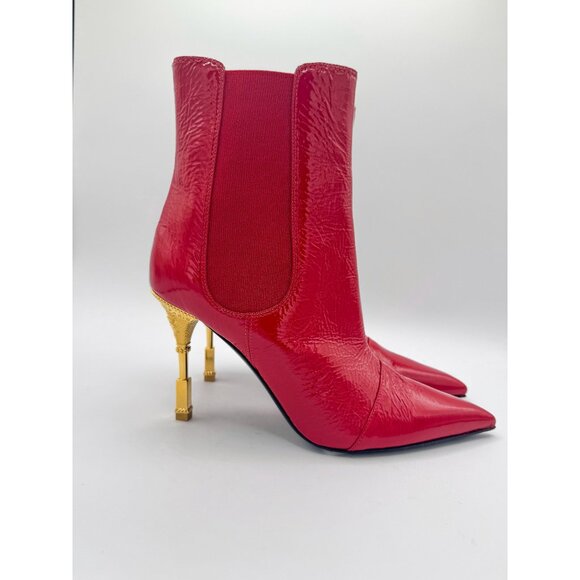 Balmain Moneta Engraved Heeled Red Ankle Boots - Picture 5 of 12